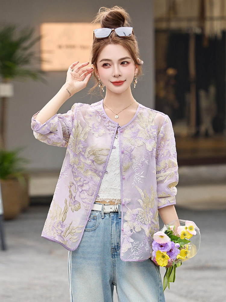 温柔紫色刺绣薄款外套女2025春夏新款漂亮新中式国风防晒开衫上衣,女装短外套,伊仟回