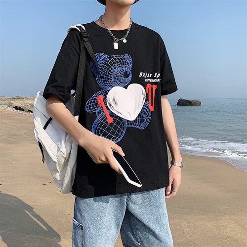 港风ins潮流体恤夏季小熊情侣短袖男大码宽松纯棉中袖T122P35控49图片