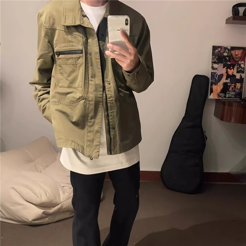 春秋美式复古设计感军绿色工装外套薄款翻领棒球服夹克潮流帅气,男装夹克,星座218-1（原230）