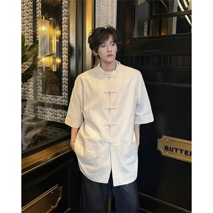 8XL-M 新中式衬衫男中山装麻棉风复古中袖衬衣唐装CS527P60图片