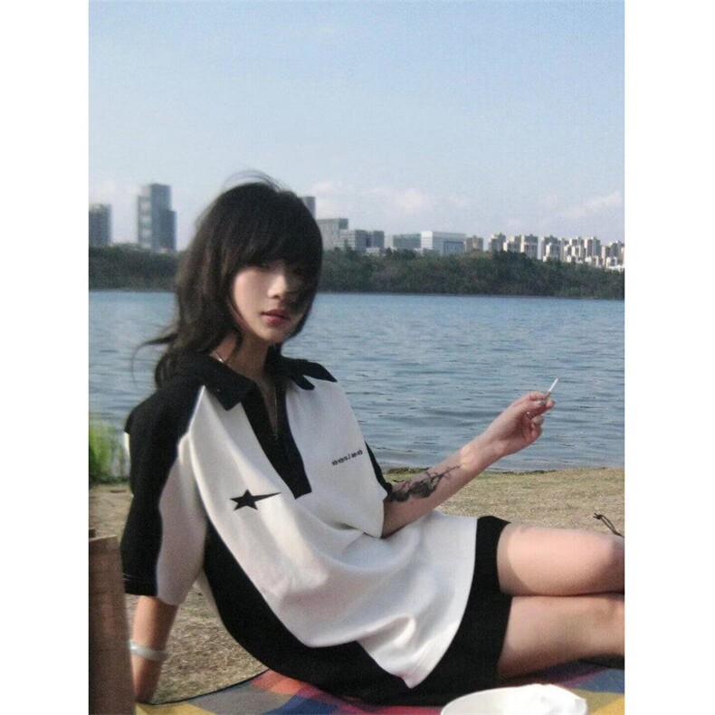 美式学院风撞色拼接polo领短袖T恤女宽松休闲情侣上衣PLD2299-P30,男装T恤,星座1008