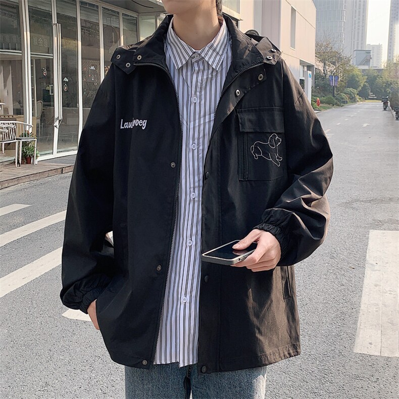2026春装新款潮男宽松连帽绣花工装夹克外套JK6899/特P65黑色8,男装夹克,电商A094