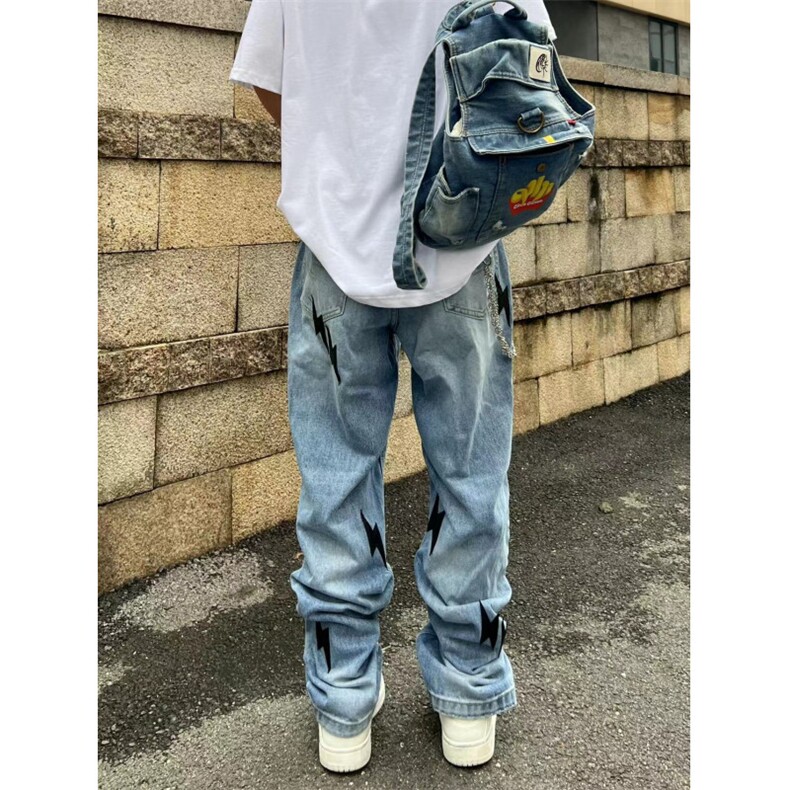 美式高街vibe风复古水洗做旧闪电贴布蓝色牛仔裤男宽松直筒长裤子,男装牛仔裤,四季星座505