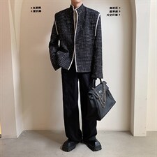 法式立领小香风珍珠设计感千鸟格宽松西服X13/P70降，男装西服，电商A243