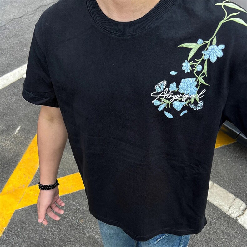 万针全刺绣解构设计260克重磅双纱纯棉高品质美式高街短袖T恤特35,男装T恤,电商A486