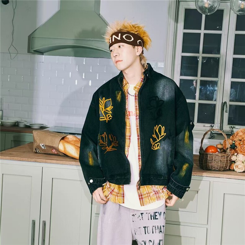 美式潮流花朵刺绣牛仔夹克2025新款春秋季情侣款外套男J71-P90,男装工装外套,星座310A-4