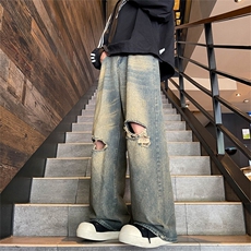 水洗潮牌直筒休闲裤子春季宽松美式阔腿牛仔裤高腰拖地长裤女有货，男装牛仔裤，星座302B-2