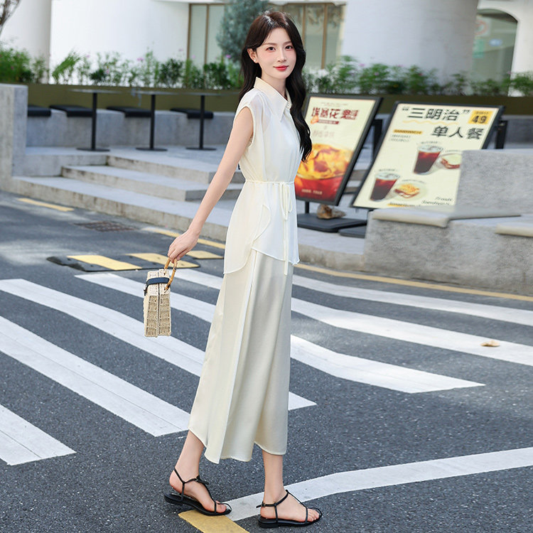 2025年夏季新款时尚舒适飘逸高级感精致无袖两件套连衣裙,女装套装/套裙,心心服饰