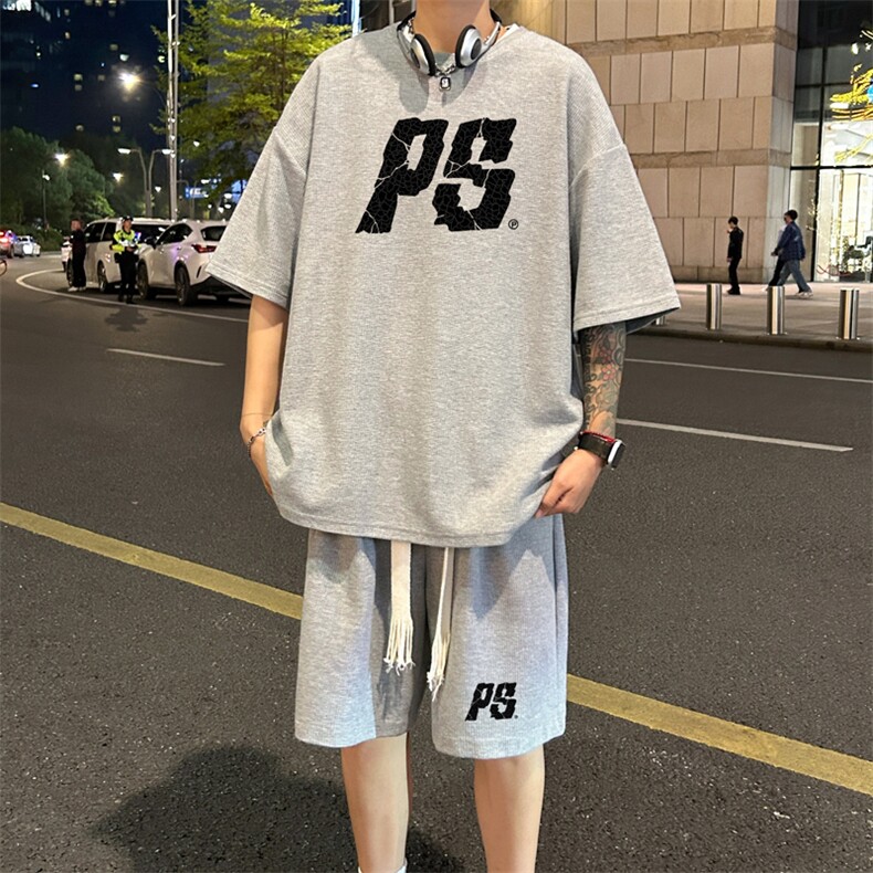 套装！华夫格套装短袖T恤短裤男TZ214-特P38,男装牛仔裤,电商B367