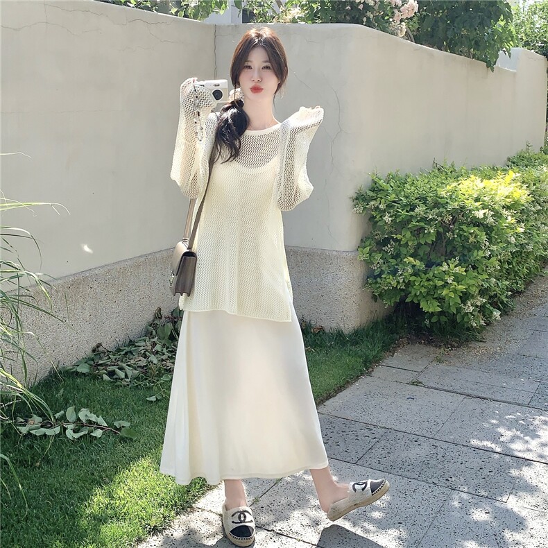 2025夏季新款韩系穿搭一整套女高级感气质吊带连衣裙针织罩衫套装,女装连衣裙,维壹