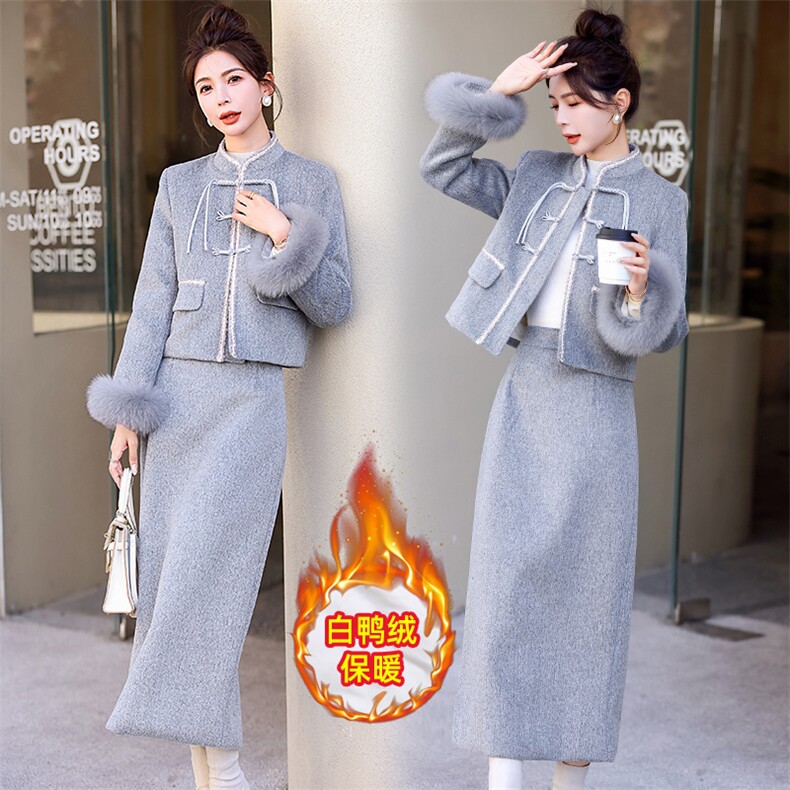 主推新款现货冬小香白鸭绒羽绒气质保暖冬装真袖毛毛可脱卸两件套，女装套装/套裙，丽美静依