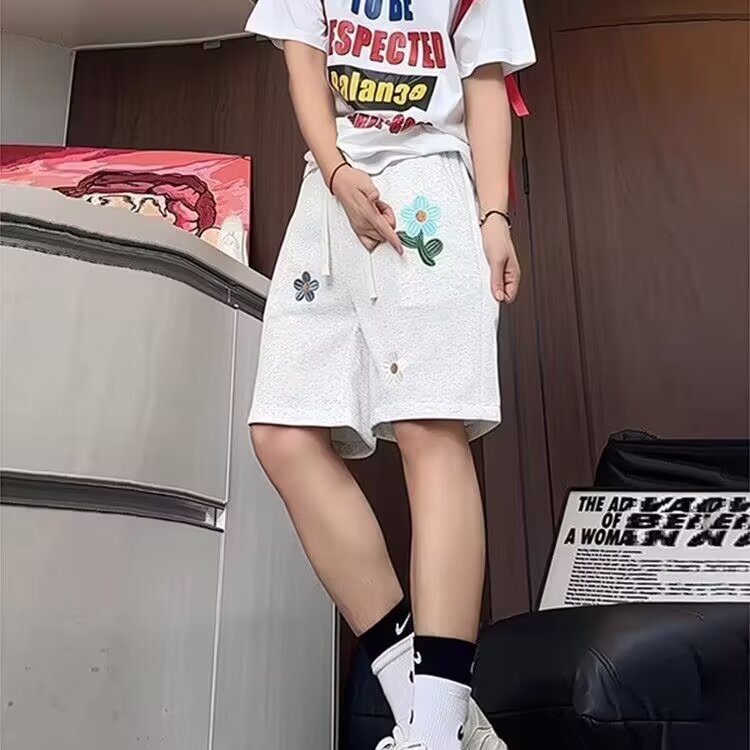 复古小花刺绣短裤男款夏季潮牌宽松慵懒风裤子情侣五分裤XD1122,男装牛仔裤,星座208-5