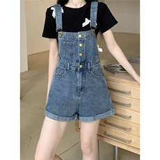 牛仔背带裤女2025春夏新款单排扣卷边短裤小个子高腰直筒阔腿裤子，男装牛仔裤，星座506A