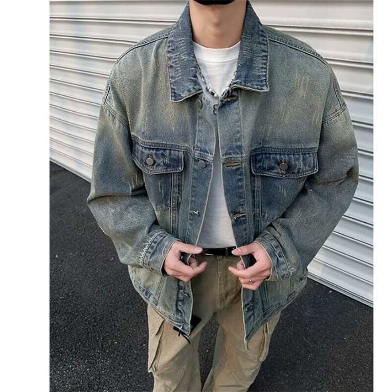 2025新款美式高街水洗做旧牛仔外套男春秋季潮牌复古痞帅宽松,男装工装外套,星座506A