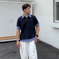 得物抖音高品质二开夏季美式潮牌高街假两件格子衬衣翻领短袖T恤，男装T恤，电商A486