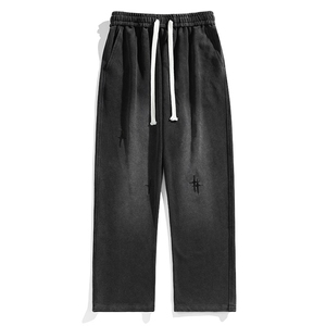 白底秋冬重工绣花华棉拖地裤宽松休闲长裤男K23315-P55