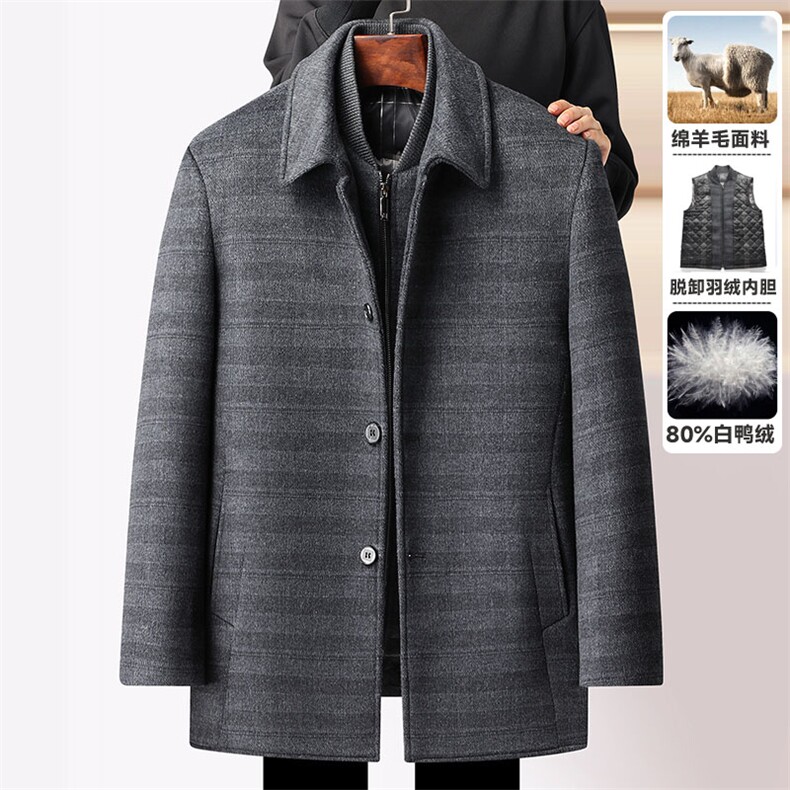 新款羊毛大衣男中长款潮鸭绒内胆克脱卸休闲大衣英伦风上衣男装，男装毛呢大衣，钱塘6003（原4033）