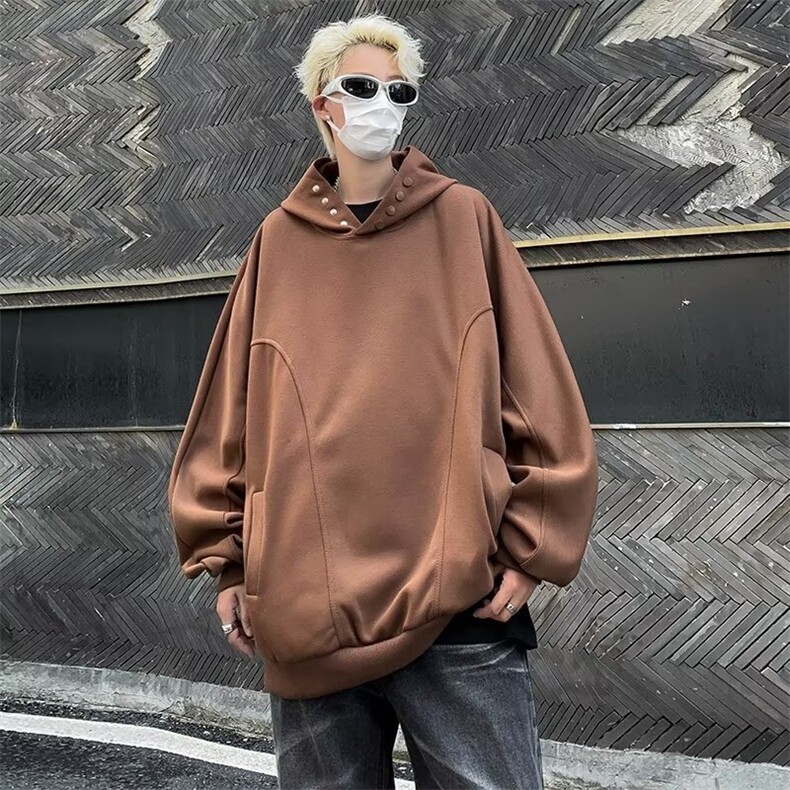 港风秋款男连帽卫衣拼接款按扣宽松休闲外套WY44P55,男装卫衣,星座1013-1