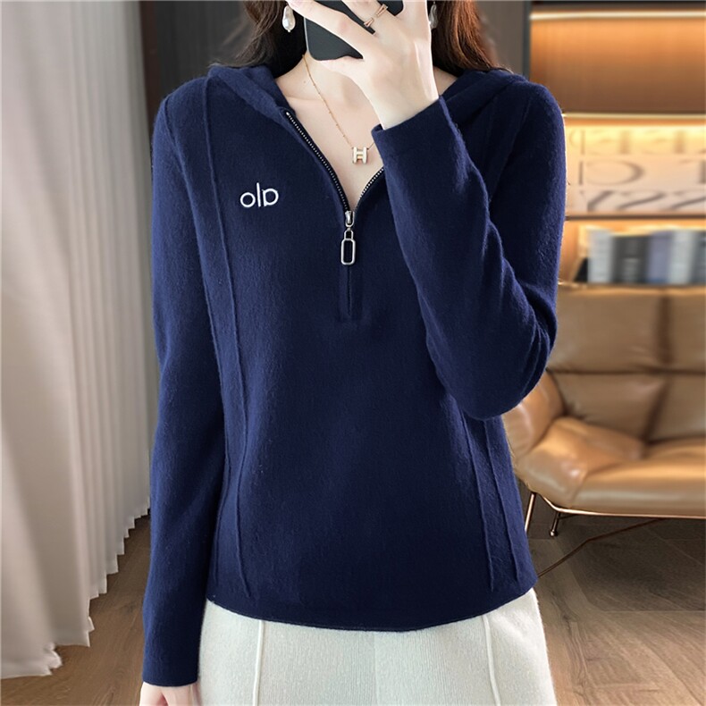 2025年秋季新款连帽半开拉链女士针织毛衣休闲时尚,针织衫/毛衣,梵泰羊绒