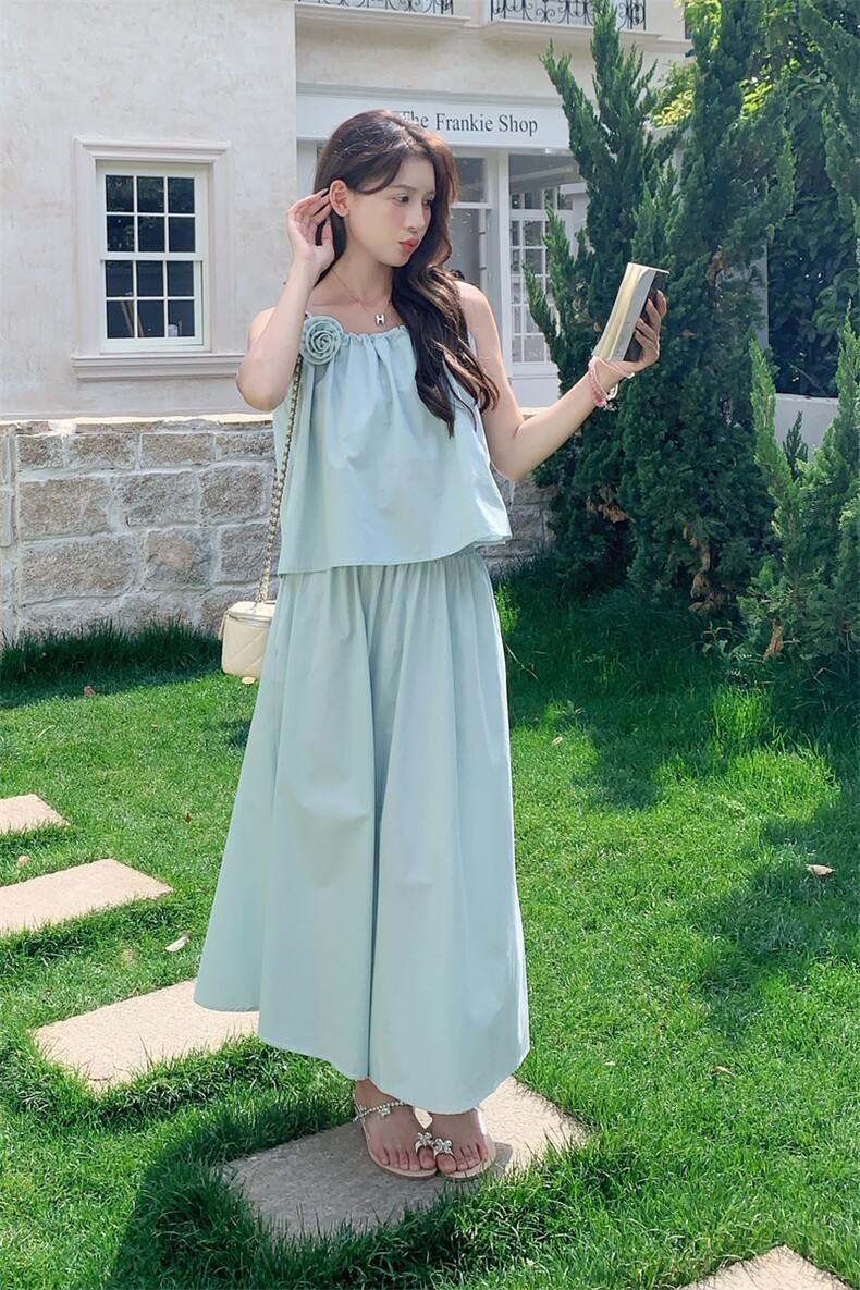 甜美温柔氛围感穿搭套装长裙女夏新款吊带衫海边度假半身裙两件套,女装套装/套裙,2C133