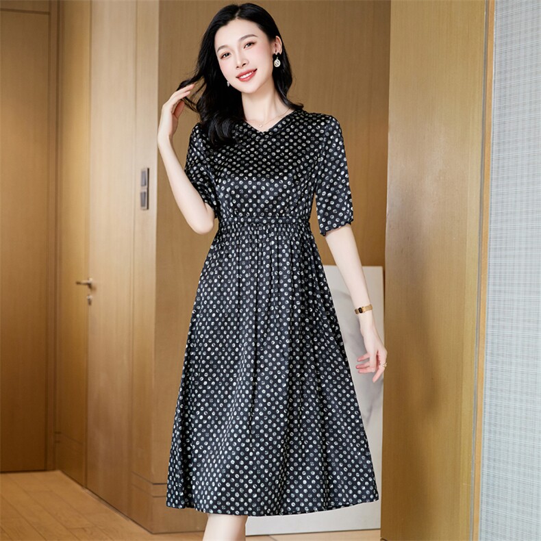 19姆米重磅真丝连衣裙女夏季2025新款v领收腰显瘦波点桑蚕丝裙子,女装连衣裙,阿舍尔精品