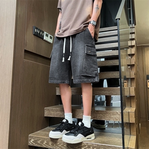 胖胖哥港风潮牌工装牛仔短裤男夏季大码宽松百搭潮流休闲运动裤图片