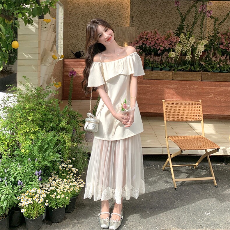法式温柔风蕾丝拼接米色一字肩连衣裙女夏2025新款独特漂亮长裙子,女装连衣裙,2C015