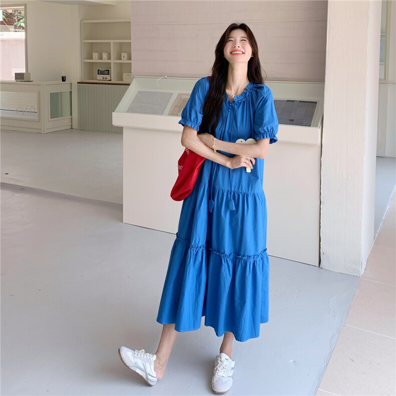 韩版学院风泡泡袖连衣裙女2025夏季新款层次感拼接甜美显瘦长裙子,女装连衣裙,2C201