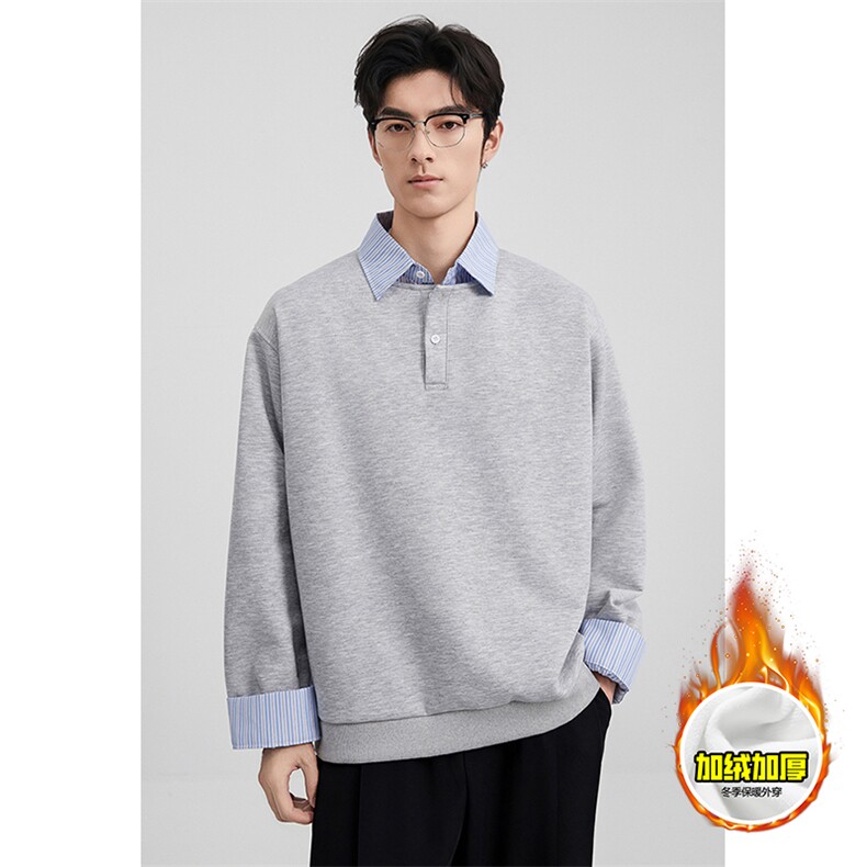 重磅加绒硬挺boxy男女美式高街假两件衬衫领长袖卫衣POLO领打底衫，男装T恤，电商A443