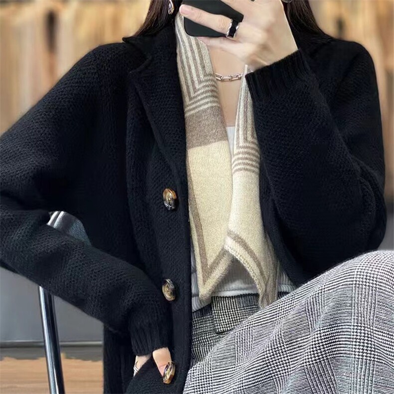 西装领羊毛开衫女重磅加厚宽松慵懒风针织外套毛衣秋冬新款羊绒衫图片