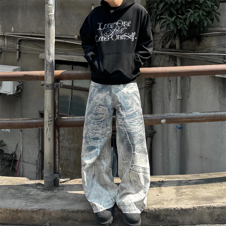 美式水洗3D印花设计牛仔裤男秋季复古百搭宽松直筒拖地裤子潮图片