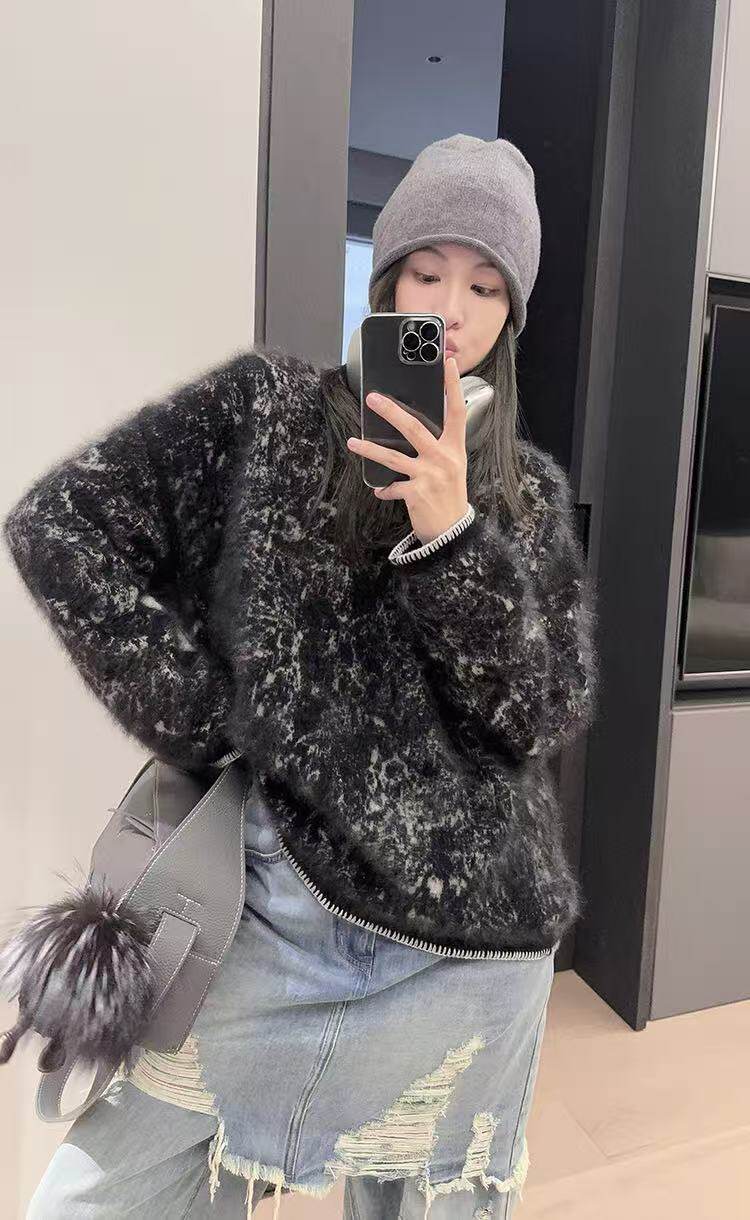 重工提花水墨画工艺重工拉绒工艺2025年秋季针织套头落肩袖圆领，女装针织衫/毛衣，美轩羊绒