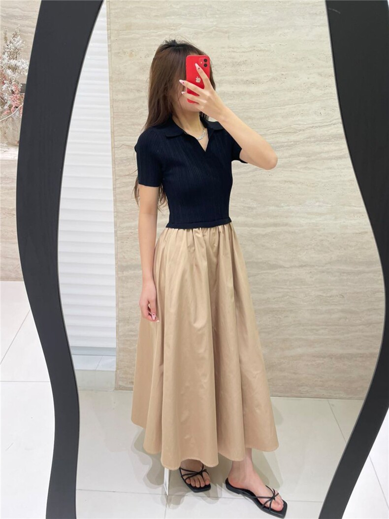 坑天POLO领拼接纯棉半身裙,女装连衣裙,优麦羊绒（原洪叶羊绒）