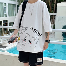 YT26129-P30亚麻短袖t恤男大码五分袖男宽松七分袖港风模特，男装T恤，电商A040