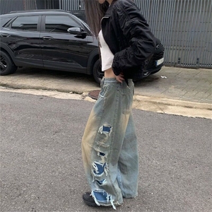 男女潮款流苏破洞牛仔裤垂感长裤水洗牛仔裤朋克风直筒裤腿青少年图片