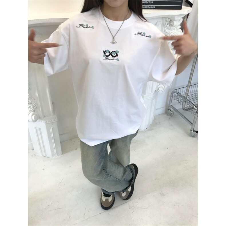 网图有货夏季字母刺绣撞色花朵短袖T恤男女情侣宽松上衣A543-P35,男装T恤,星座1505