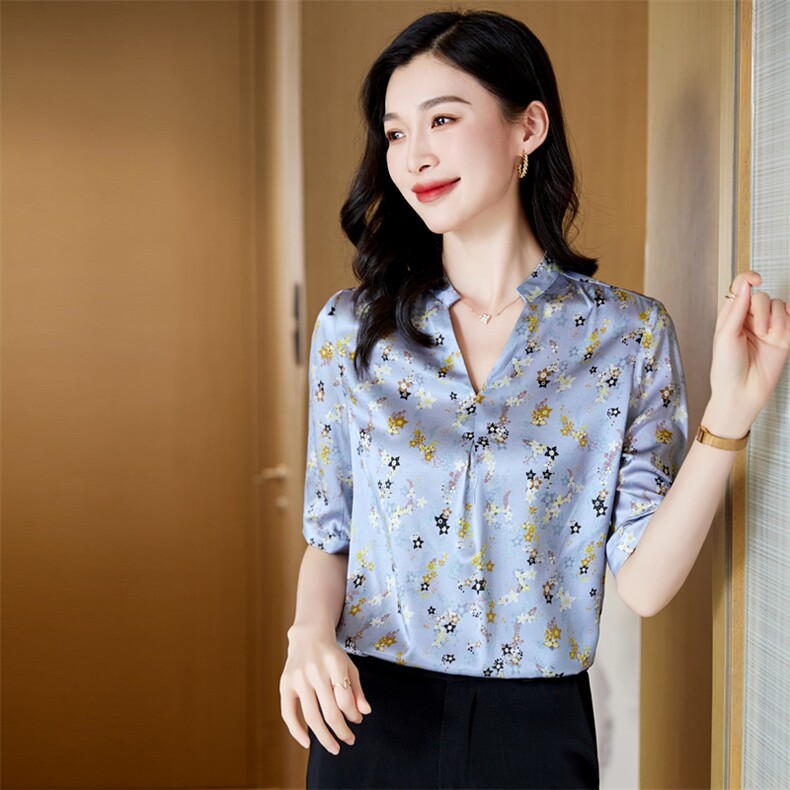 真丝衬衫女装短袖重磅桑蚕丝上衣衬衣大码V领t恤中老年妈妈装夏装,女装衬衫,阿舍尔精品