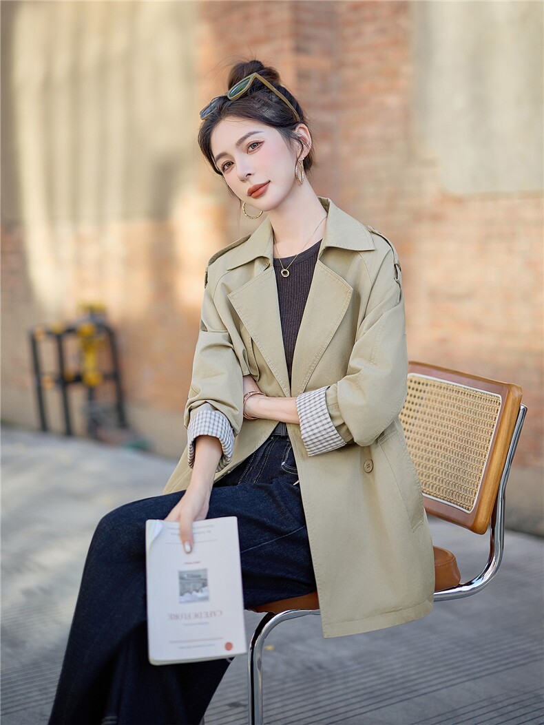 【现货】双排中长款风衣2025秋季新款休闲时尚通勤小个子收腰外套,女装风衣,妃曼