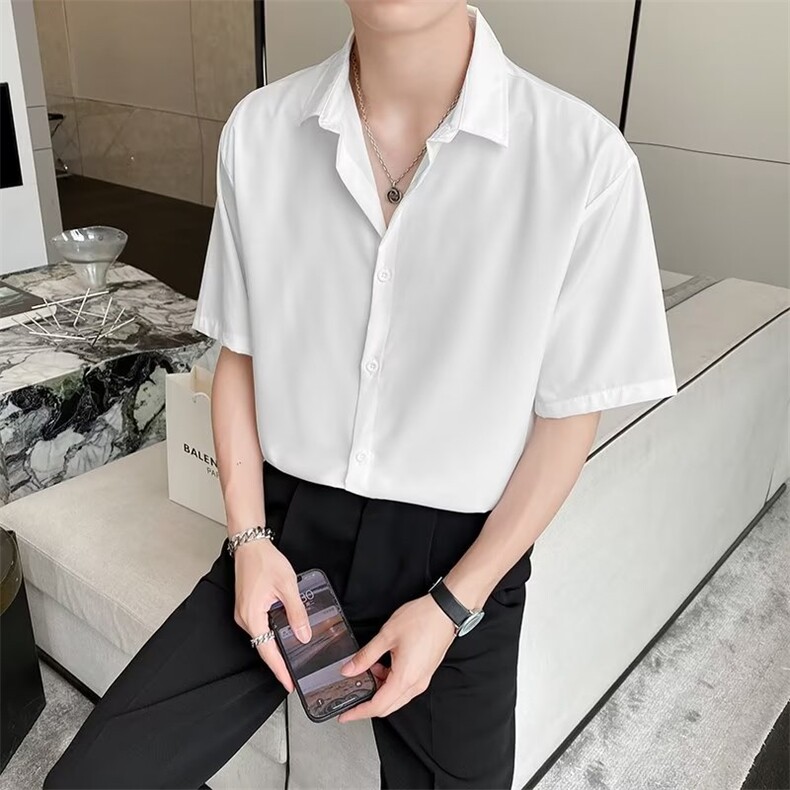 24夏季垂感宽松短袖衫男港风复古五分袖衬杉-CS60，男装T恤，星座1002-2