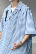 春夏英伦学院风青春男大竖条纹短袖衬衫翻领外套口袋设计短袖P40，男装衬衫，电商B319