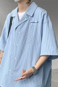 春夏英伦学院风青春男大竖条纹短袖衬衫翻领外套 口袋设计短袖P40图片