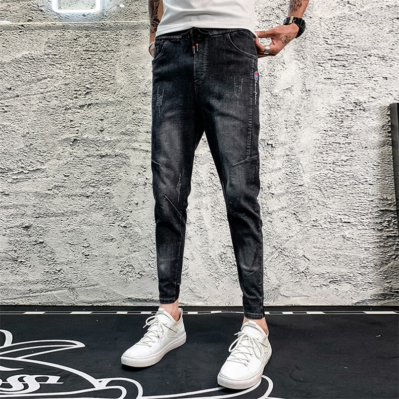 新夏社会精神小伙松紧腰韩版修身牛仔裤男休闲九分裤2,男装牛仔裤,电商C301