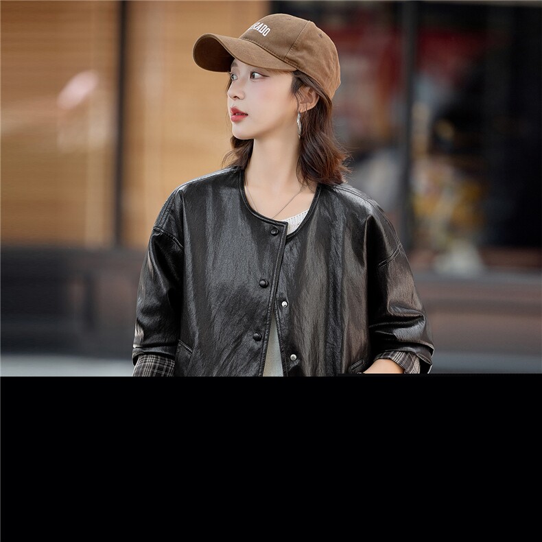 复古格纹拼接咖色皮衣短外套女2025秋季新款百搭圆领pu皮夹克上衣,女装皮衣,贝蕾酷儿