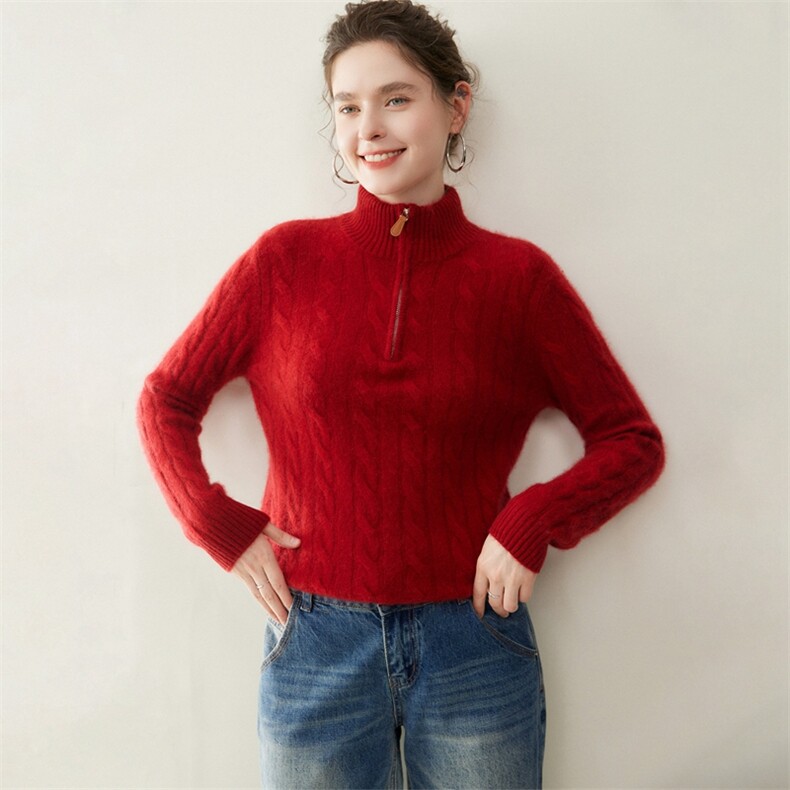 2025年秋季新款百搭女士半拉链提花加厚保暖羊绒衫,女装羊绒衫,纳丰羊绒