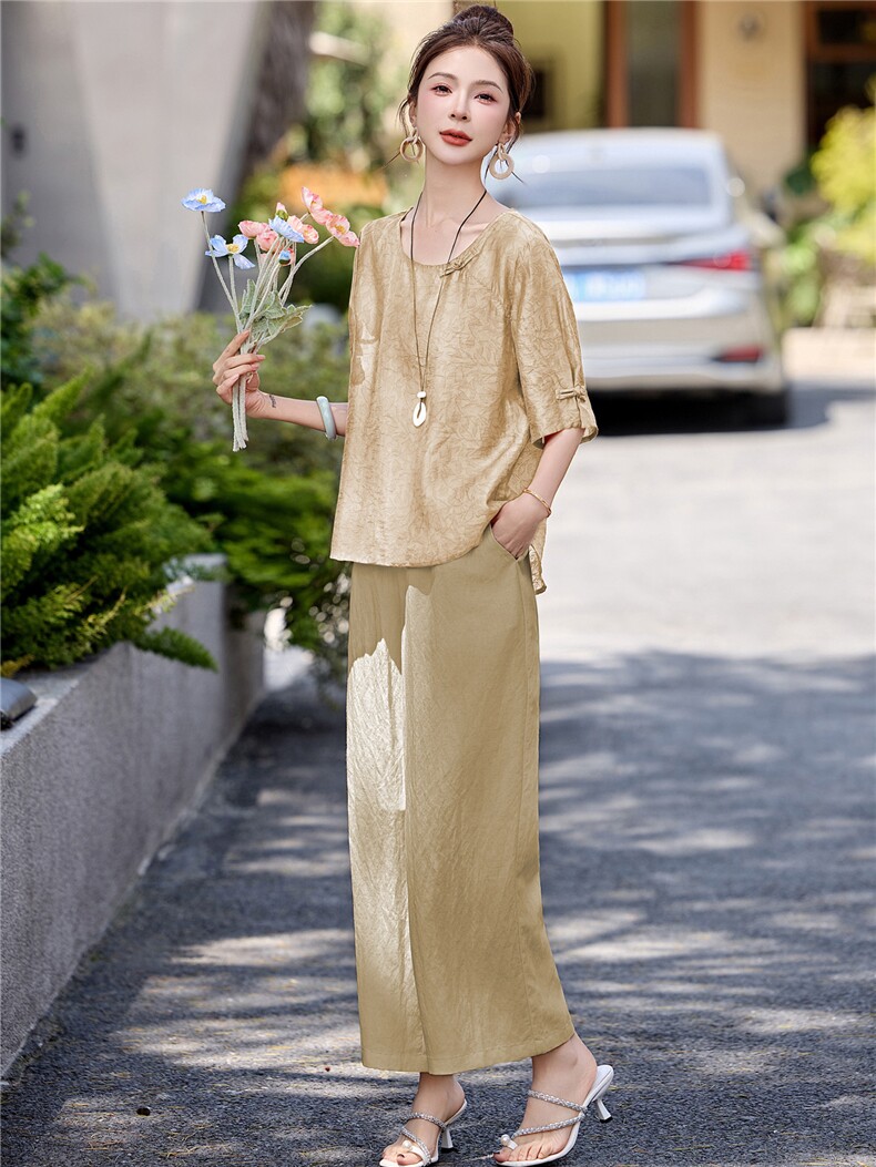 长期有货2026夏季新款提花上衣女中年妈妈冰天丝阔腿裤休闲两件套,女装套装/套裙,璐依舞
