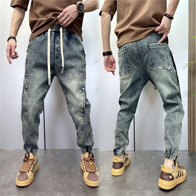 蓝色水洗牛仔裤痞帅潮男士夏季九分裤韩版修身扣子装饰束脚哈伦裤图片