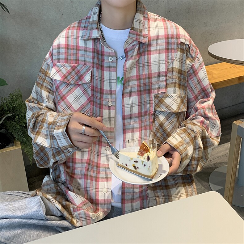 美式潮牌撞色格子拼接设计感衬衫男春秋宽松百搭长袖衬衣MC13-p52,男装衬衫,星座1008