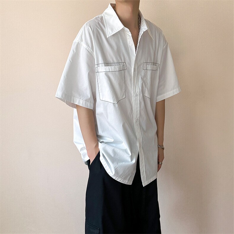 现货-夏季线条衬衫男宽松青少年时尚潮牌短袖衬衣-AC23005-P50,男装T恤,电商A351