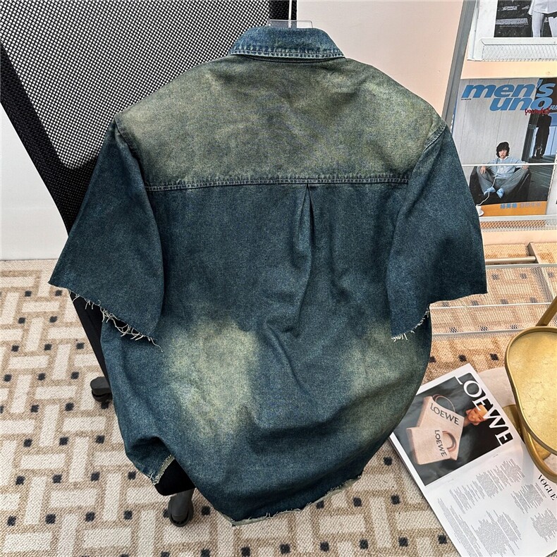 W429-P65美式复古风破洞牛仔夹克衬衫夏季痞帅短袖牛仔衬衫,男装衬衫,星座911-1