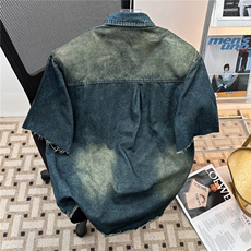 W429-P65美式复古风破洞牛仔夹克衬衫夏季痞帅短袖牛仔衬衫，男装衬衫，星座911-1